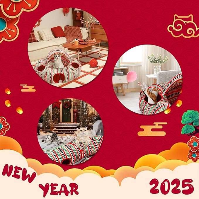 Cat Tunnels Bed for Indoor Cats-Donut Tubes, Adjustable Shape, Washable Circle Cushion, Pet Play Balls Toy and Holes, Red Atmosphere