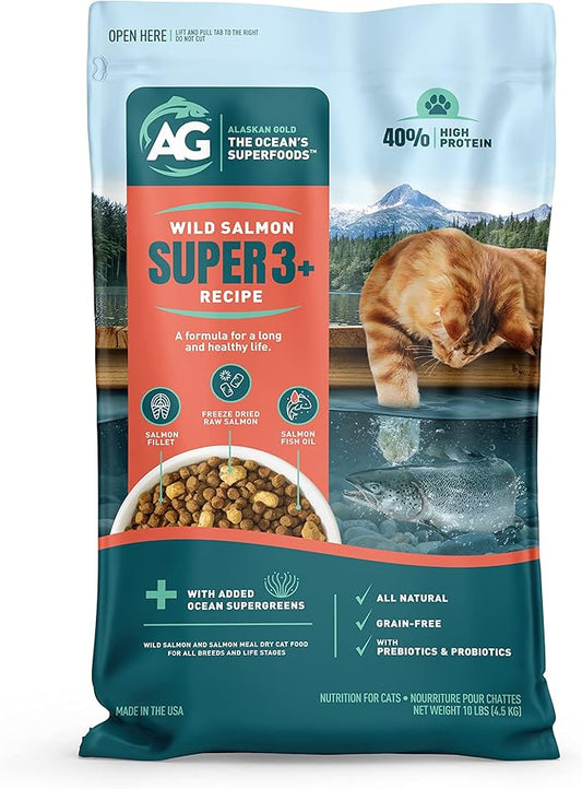 SUPER3+ All-Salmon Freeze-Dried Raw Dry Cat Food, Fortified with Omega Fish Oil, High-Protein, Grain-Free, Allergy & Digestive Support, All-Natural, for Kittens & Adults, 10 lbs