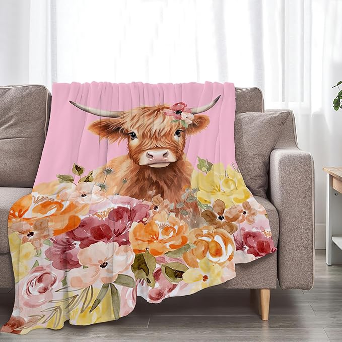 Highland Cow Blanket Ultra Soft Cozy Longhorn Cow Throw Blanket Fleece Fuzzy Plush Bedding Cow Lovers Gifts for Women Girls Kids Adults 50"x40"