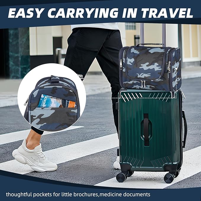 Buruis Large Capacity Toiletry Bag for Women and Men, Hanging Toiletry Organizer Cosmetics Makeup Bag, Water-resistant Dopp Kit Shaving Bags for Full Sized Toiletries, Travel Essentials (Camo Blue)