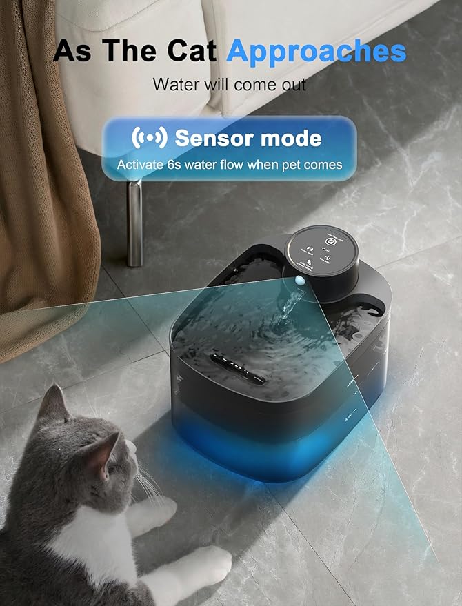 Battery Operated Cat Water Fountain, 84OZ/2.5L Wireless Pet Water Fountain for Cats Indoor, Cat Fountain with Motion Sensor, Ultra Quiet Pump, Black (Black+4Filters+4Sponges)