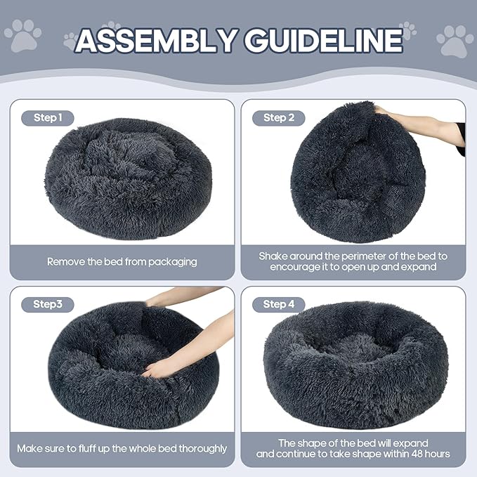 Calming Round Cute Cat & Dog Bed, Anti-Slip Washable Cozy Soft Round Pet Bed, Fluffy Faux Fur Plush Dog Cuddler Bed Fits up to 25 lbs Dogs and Cats(Donut Dark Grey, 24inch x 24inch)