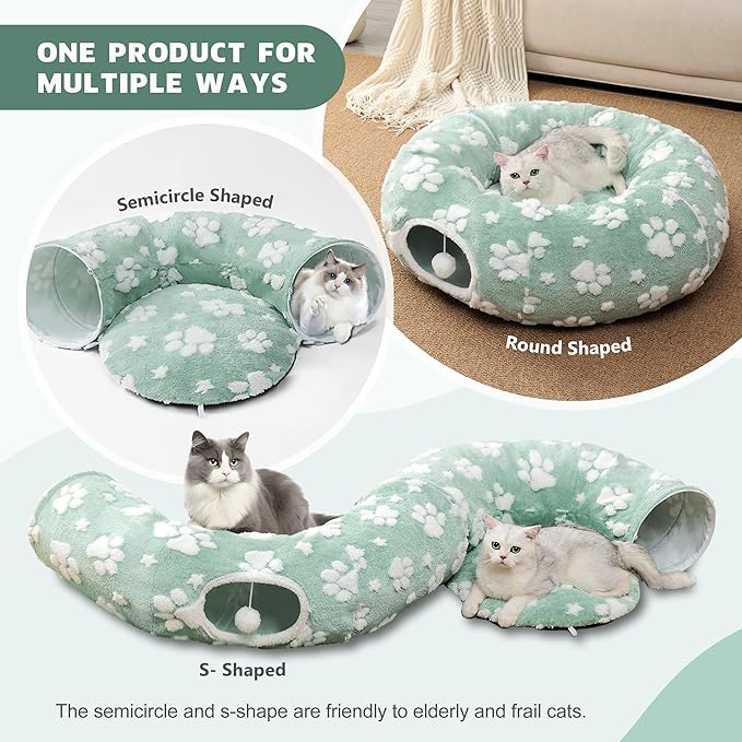 Cat Tunnel for Indoor Cats, Cute Peekaboo Cat Cave Play Tunnel with Dangling Balls, Pet Donut Tunnel Bed with Circle Mat for Cat Puppy Kitten Rabbit, Green