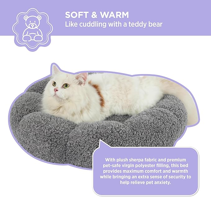 Lesure Calming Cat Beds for Indoor Cats - Cute Flower Pet Beds in Teddy Sherpa Plush, Donut Round Fluffy Puppy Bed, Non-Slip Extra Small Dog Bed Fits up to 15 lbs, Machine Washable, Grey 20"