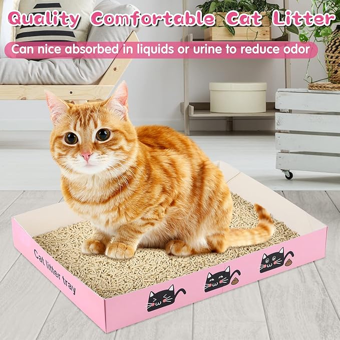 30 Pack Disposable Cat Litter Box Foldable Paper Kitty Tray 13.8x10x2 in Small Lightweight Cardboard Box Water Proof for Indoor Low Entry Easy Disposal Non Clumping Nice Absorption Portable (Pink)