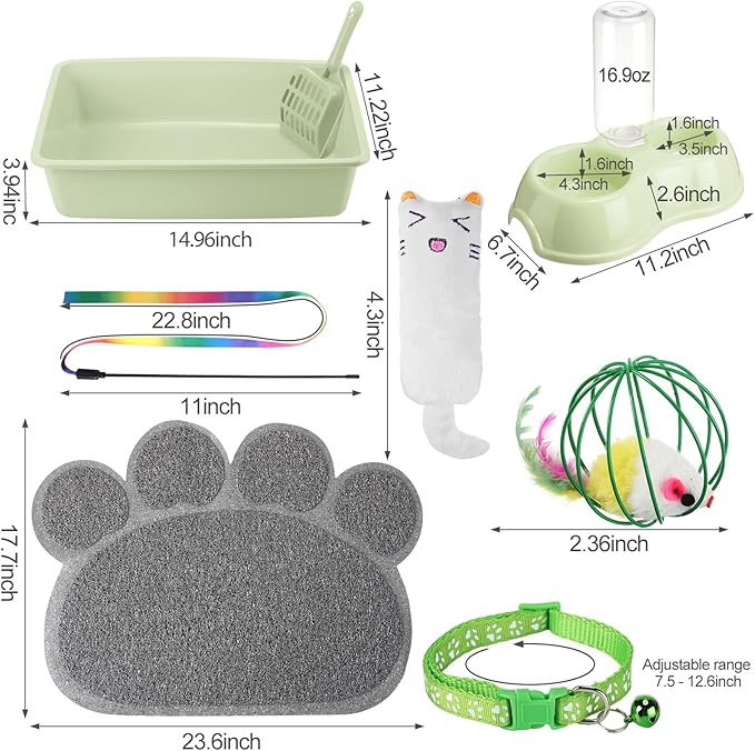 7 Pcs Small Cat Kitten Starter Kit Cat Litter Box with Shovel Cat Paw Litter Mat Double Automatic Cat Bowls Cat Toy Teaser Stick Cat Collar Essentials Kits for 1-3 Lbs Beginner (Green,Simple)
