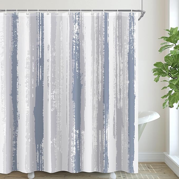 Blue Grey Abstract Striped Shower Curtain Sets for Bathroom 60Wx72H Vintage Modern Contemporary Minimalist Shower Curtain Botanical Plant Leaves Aesthetic Bathtub Curtain Rustic Bathroom Decor
