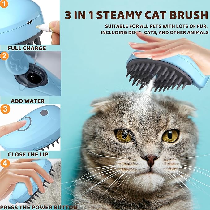 8 In 1 Cat Grooming Brushes for Short Hair, Cat Steam Brush, Bristle Shedding Brush, Flea Comb, Pet Grooming Glove, Dog Self Cleaning Brush for Short Haired Dogs Cats (short hair brush-blue)