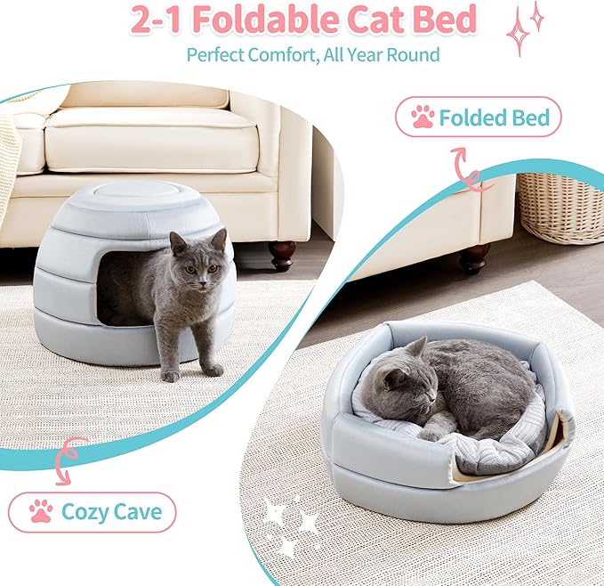 Made4Pets Cat Bed and House, 2-in-1 Foldable Cat Houses for Indoor Cats, Soft Velvet Cat Cave, Removable and Washable Cushion, Cat Condo for All-Season Comfort and Style