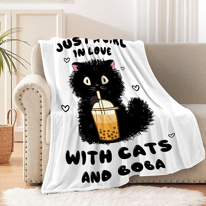 Just A Girl Love Cats Throw Blanket Super Soft Cozy Black Cats Blanket for Girl Kid Adult Cat Lovers Gifts Cute Pet Cats Fleece Blanket for Couch Bed Sofa Chair Dorm Home Decor 60"x 50"Medium for Teen
