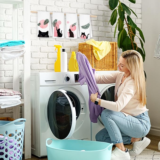 Boho Black Cat Kitchen Towels Set of 4, Pink and Black Cat Hand Towels for Bathroom, Boho Botanical Cat Dish Towels, Black and Pink Bathroom Decor, Cat Kitchen Decor, 16x24 Inch