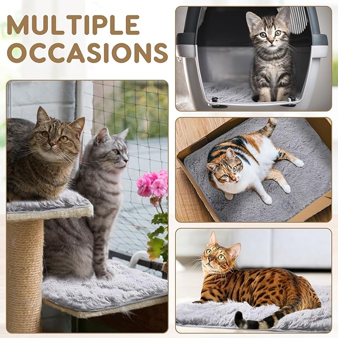 4 Pack Self Warming Cat Bed Pad Self Heating Cat Dog Mat with Fluffy Faux Fur Plush Cat Calming Bed Thermal Cat Mat Washable Pet Pad Anti Slip Bottom for Outdoor Indoor Pets(Gray,16" X 20")