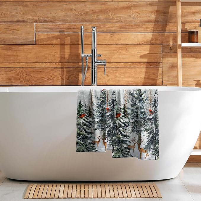 Giwawa Pine Tree Hand Towels Set of 2 Forest Deer Kitchen Bathroom Towels Soft Absorbent Fingertip Tea Bar Dish Towel for Hotel Spa Gym Decor