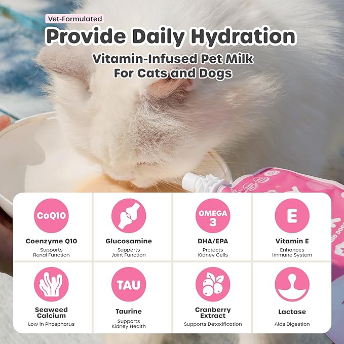 Berry Good Pet Milk. 10pk Vitamin-Infused Cat Milk, Dog, Kitten, Puppy Milk. Dog Bladder Support, Cat Kidney Support, Cat Urinary Supplement Cranberry, Omega 3, CoQ10, Glucosamine, Taurine