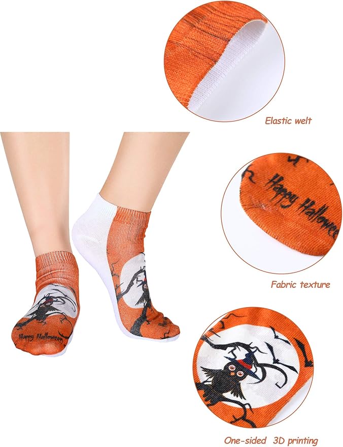 Boao 6 Pieces Christmas Socks 3D Print Short Casual Funny Halloween Pumpkin Cat Ankle Socks