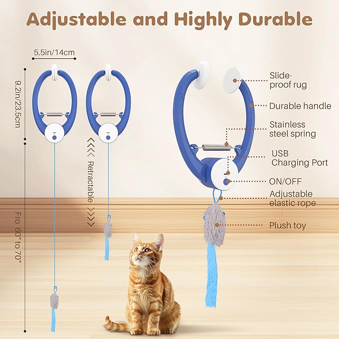 Cat Toys, Interactive Cat Feather Toys for Indoor Cats, Hanging Retractable Teaser Toy Kitten Play Chase Exercise, Automatic Kitten Mental Exercise Toys with Three Mices Plush Toy(Dark Blue)