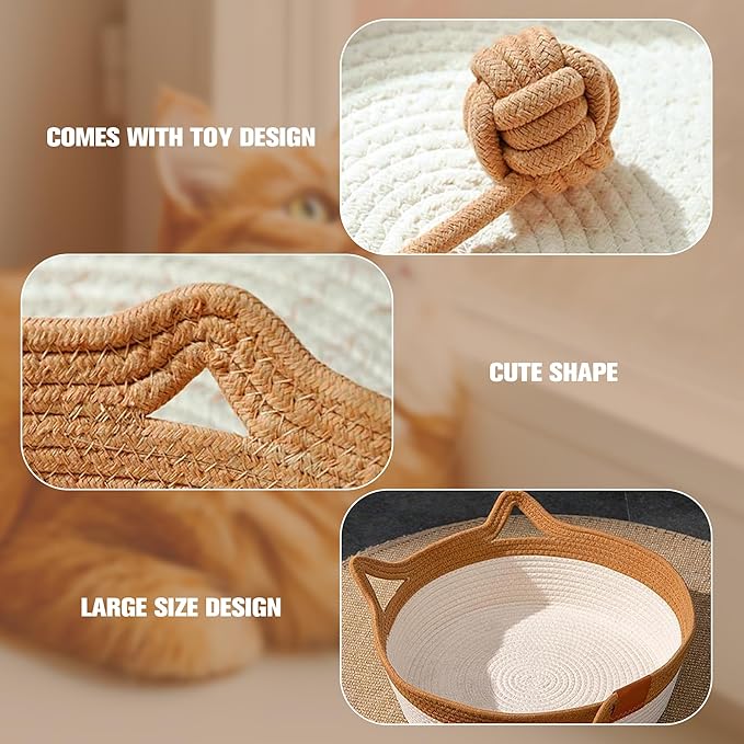 Hand Woven Cat Bed Basket Nest Round with Toy Tail, Natural Cotton Linen Cat Scratch Pad, Pet Sleeping Bed House Scratcher Scratch Mat Pad for Puppy Small Dogs Indoor Cat Summer (Large)