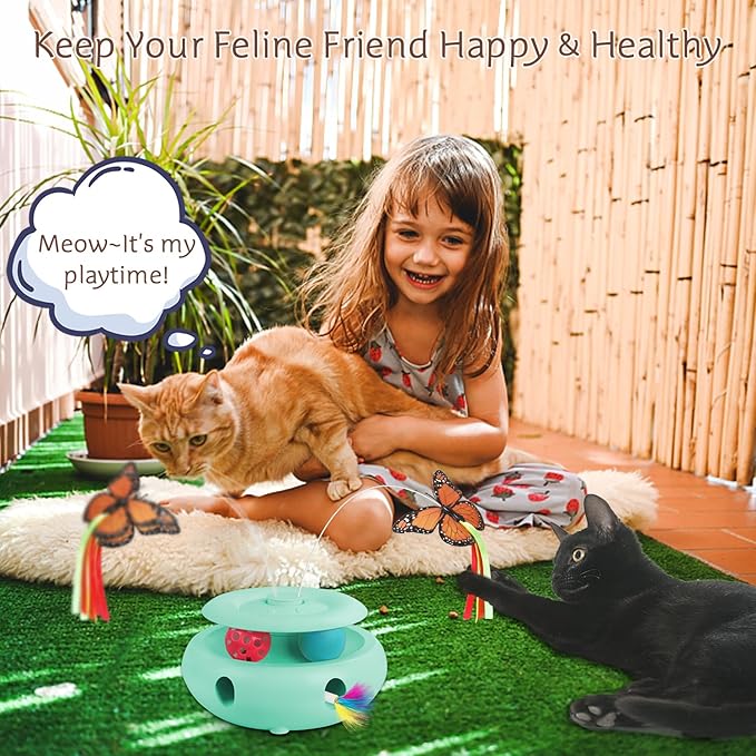 Interactive Cat Toy Automatic Cat Toys for Indoor Cats, 3-in-1 Electric Cat Toy USB Rechargeable, Ambush Feather, Fluttering Butterfly, Track Balls Kitten Toy Cat Exercise Toys (Tiffany Blue)