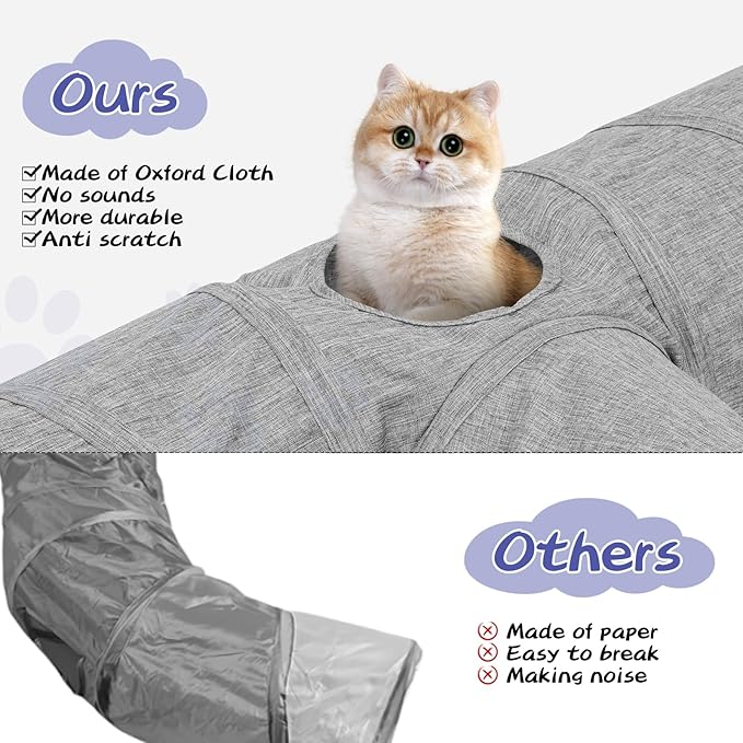 Cat Tunnel, Collapsible h-Shape Cat Tunnel Sturdy Oxford Fabric for Indoor Cats,Interactive Hanging Ball Pet Tunnel Tube with Cat Teaser Stick (Grey)