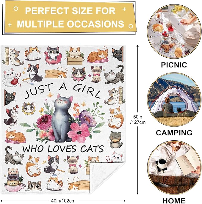 Cat Blanket Gifts, Cat Blankets for Girls, Cute Kitten Gifts for Girl, Just a Girl Who Loves Cats Blanket, Best Present Ideas for Kitten Lover Blankets 40"X50"