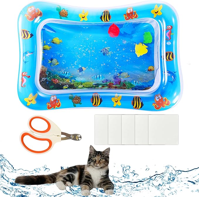 Upgraded Cat Water Sensory Mat with Patches Set - Thickened Water Playmat for Cats, Patches, Clipper, Fun Summer Toy for Bored Indoor Cat Self Play Rest Feel Cool Comfort (Rectangle)