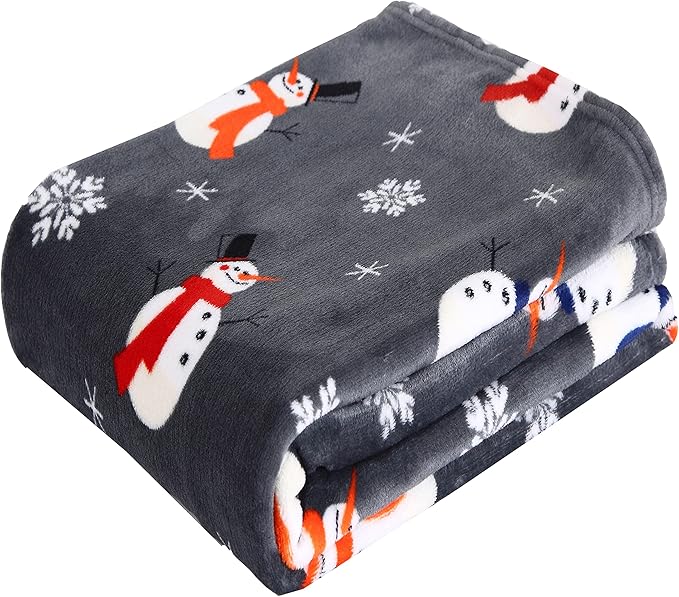 Elegant Comfort Velvet Touch Ultra Plush Christmas Holiday Printed Fleece Throw/Blanket-50 x 60inch, (Snowman Flake)