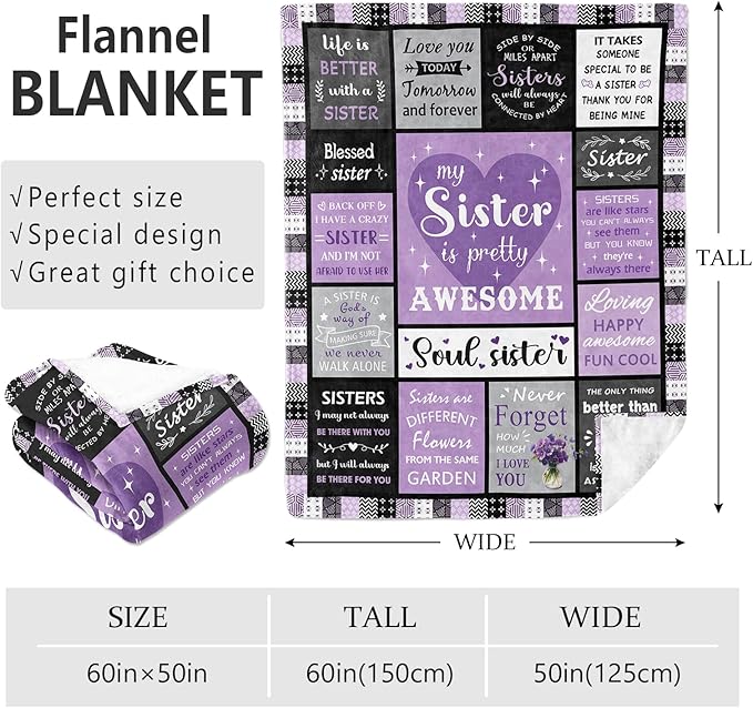 Sister Gifts for Women Girls, Sisters Birthday Gift Ideas from Sis, Christmas/Birthday Gifts for Sisters Throw Blanket 60"x50"