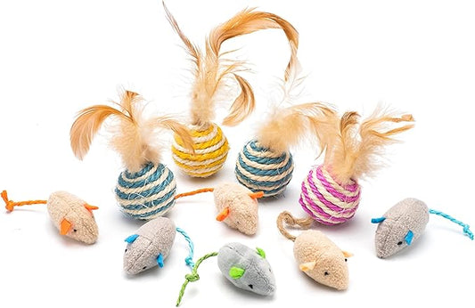 Cat Toy Feather Sisal Ball 4 Count，Mouse Catnip Cat Toys 6 Count- Handmade Cat Toys with Feathers, Scratch & Bite Resistant Sisal Balls for Cats (Random Color)