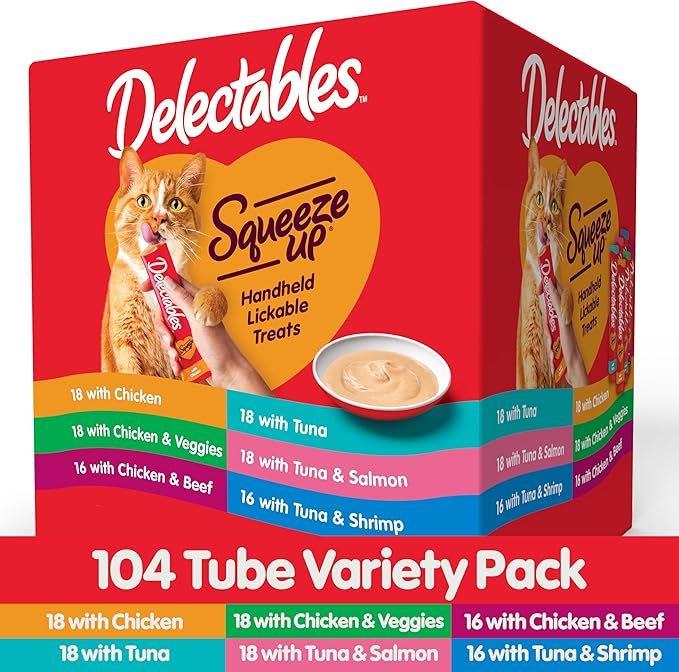 Delectables Squeeze Up Variety Pack, Creamy Squeezable Puree, Lickable Wet Cat Treats, Grain Free, No Added Fillers, No by-Products, No Added Preservatives, 0.5 Ounces Tube, 104 Tubes Total