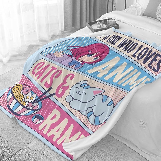 Just A Girl Kawaii Anime Cats and Ramen Flannel Blanket - Anime Lover Stuff, Luxurious Warm and Cozy XL 90x120 Inch Family Blanket