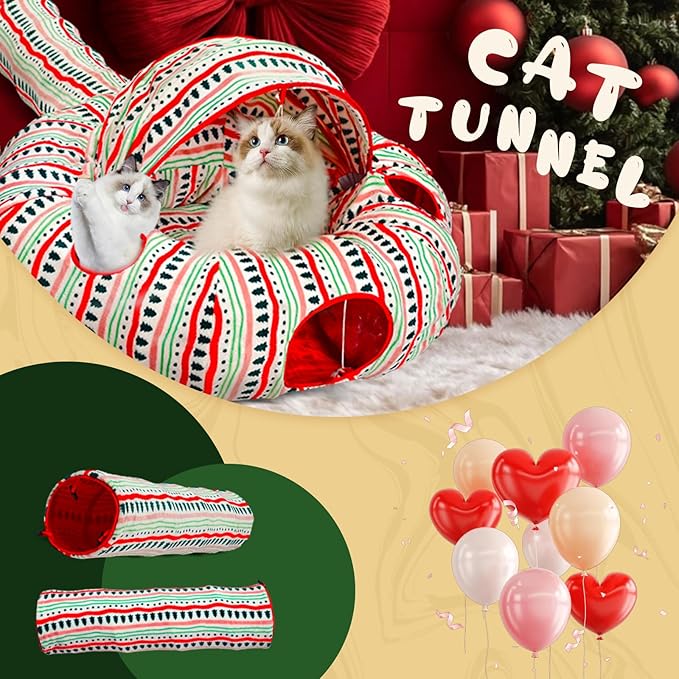 Cat Tunnels Bed for Indoor Cats-Donut Tubes, Adjustable Shape, Washable Circle Cushion, Pet Play Balls Toy and Holes, Red Atmosphere