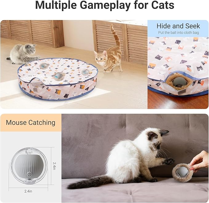 Interactive Cat Toys for Indoor Cats, Automatic Motion Activated Moving Ball Hide and Seek Game for Indoor Exercise Kicker with 28 Inch Play Mat