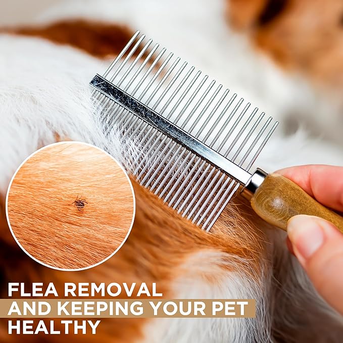 Takavu Metal Dog Comb for Removes Tangles and Knots, Cat Comb for Removing Matted Fur, Stainless Steel Smooth Round Teeth Grooming Tool with Wooden Handle for Grooming Pets Hair