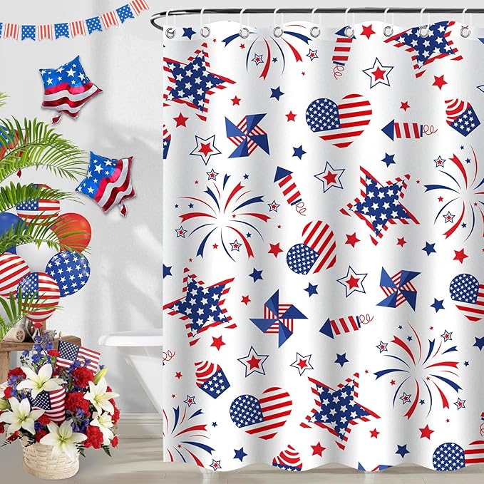 4th of July Waterproof Shower Curtain Set - Standard 71 x 71 inch, American Star Fireworks Independence Day Waterproof Fabric Shower Curtain with 12 Hooks, Bathroom Accessories, 1 Panel