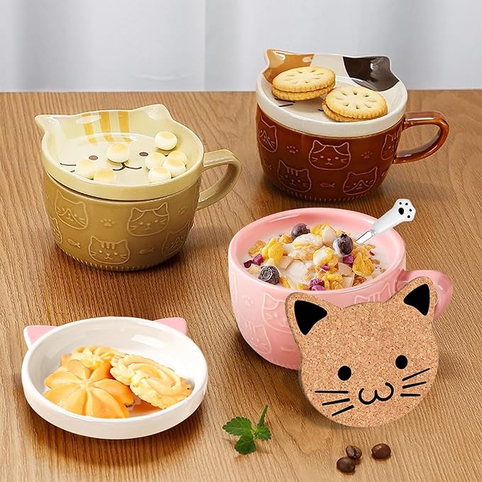 BigNoseDeer 2PCS Cute Cat Tea Cup Ceramic Coffee Mugs with Lid, Dessert Tea Cups and Saucers for Cat Lovers, Christmas Gifts 10oz (Yellow+Brown)