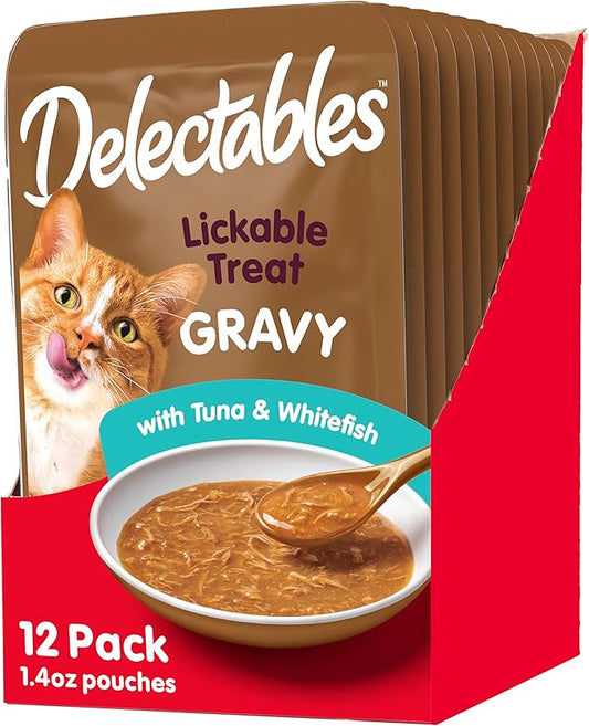 Hartz Delectables Gravy Lickable Wet Cat Treat & Food Topper, Tuna & Whitefish, 12 Pack, 1.40 Ounce (Pack of 12)