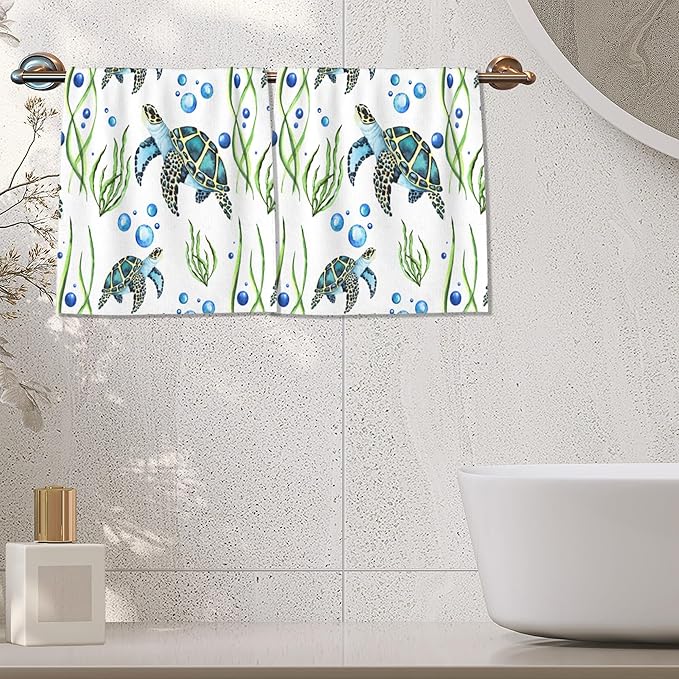 Sea Turtles Bath Hand Towels for Bathroom Decorative,Seaweed Bubbles Soft Absorbent Hand Towels for Kitchen Home Gym Beach 16"x24"