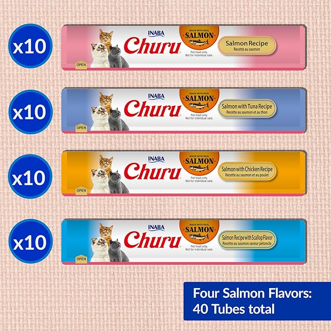 INABA Churu Cat Treats, Lickable, Squeezable Creamy Purée Cat Treat with Green Tea Extract & Taurine, 0.5 Ounces Each Tube, 40 Tubes, Salmon Variety Box