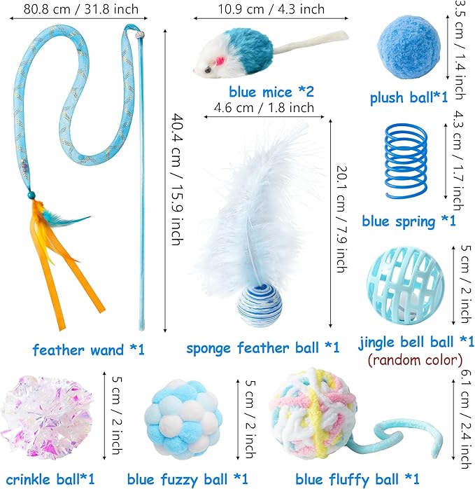 MALLMALL6 11Pcs Cat Toy Set Interactive Cat Toys Pack with Foldable Blue Tunnel Feather Teaser Wand Cat Springs Mice Crinkle Balls and Pet Bell Balls, Puzzle Toys for Indoor Cats Gift (Blue)