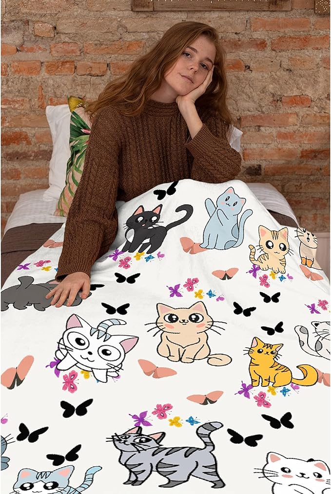Cute Cat Butterfly Blanket Throw Super Soft and Cozy Blankets for Home Decoration, Couch, Bed, Sofa 120 in x 90 in Extra Large for Family for All Seasons