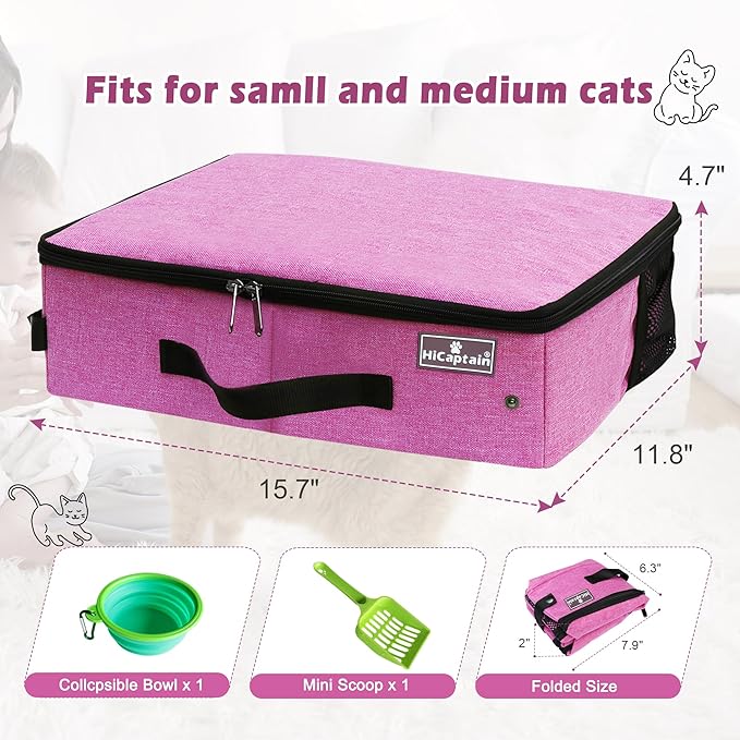 HiCaptain Portable Cat Travel Litter Box with Lid, Foldable Travel Litter Box in Car Designed for Medium Cats, Light Weight Leak-Proof, Waterproof, Easy to Carry - Pink