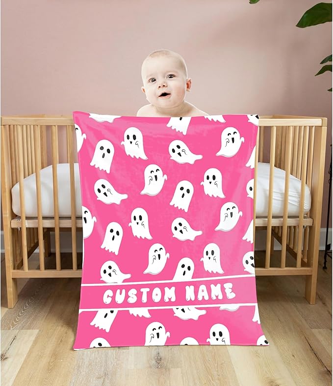 Cute Little Funny Ghost Custom Blanket Pink Ghost Spooky Personalized Throw Blankets Gifts for Girl Boy Flannel Fleece Halloween Customized Throw Blankets for Adults With Name Sofa Chair 80x60In