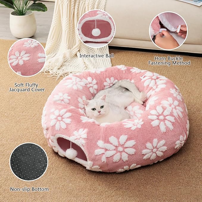 Cat Tunnel for Indoor Cats, Cute Peekaboo Cat Cave Play Tunnel with Dangling Balls, Pet Donut Tunnel Bed with Circle Mat for Cat Puppy Kitten Rabbit, Pink