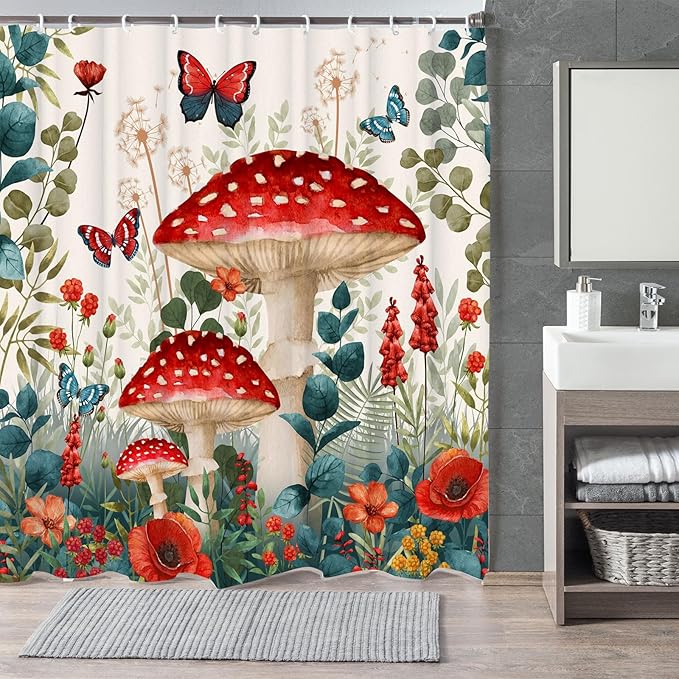 Boho Red Mushroom Shower Curtain,Floral Woodland Mushrooms with Sage Green Eucalyptus BranchesShower Curtain Set,Butterfly Botanical Flower Fabric Shower Curtains for Bathroom with Hooks 72X84inches