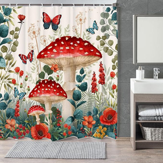 Boho Red Mushroom Shower Curtain,Floral Woodland Mushrooms with Sage Green Eucalyptus BranchesShower Curtain Set,Butterfly Botanical Flower Fabric Shower Curtains for Bathroom with Hooks 60X72inches