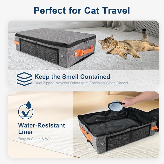 17.7*13.5*13.75" Large Travel Litter Box for Cats, Collapsible Cat Litter Box with Lid, Portable Cat Box with Zipper & Hard Bottom, Leak-Proof Kitty Litter Box for Car Hotel Airplane, Water-Resistant