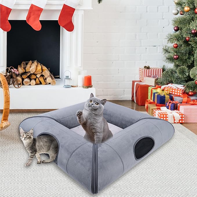 Cat Tunnel Bed, Sturdy and Scratch-Resistant, Indoor Cat Cave with Removable Soft Cushion, Removable Cat Tunnel for Cats and Multiple Cats (Gray)