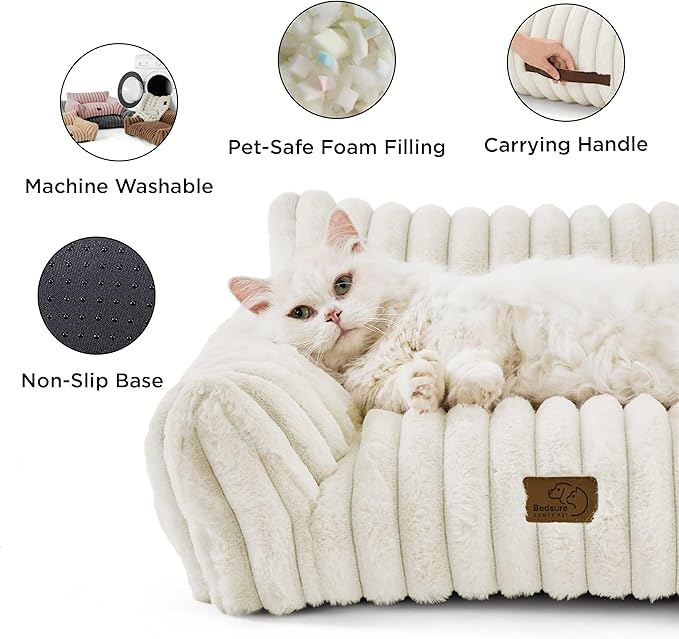 Bedsure Cute Cat Couch for Pets - Fluffy Cat Sofa with Premium Soft Corduroy Fleece, Fuzzy Cat Couch Bed with Removable Washable Cover, Supportive Cat Chair for Indoor Cats, 24inch, Cream