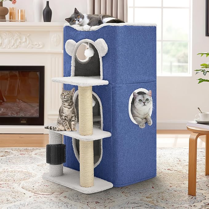 YIATHOME 3-Tier Cat House, Cat Beds for Indoor Cats, Modern Cat Condo with Highway Cave, Scratch & Itching Post, Climbing Stand, Cat Cube Playhouse for Multi Kittens, Blue