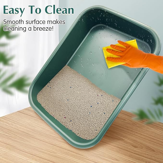 BNOSDM 3 Pcs Large Cat Litter Box Low Entry Litter Box for Senior Cat, Open Top Pet Litter Pan Tray with Scoops for Big Older Elderly Cats or Disabled Senior Cats, Easy to Clean (Dark Green)